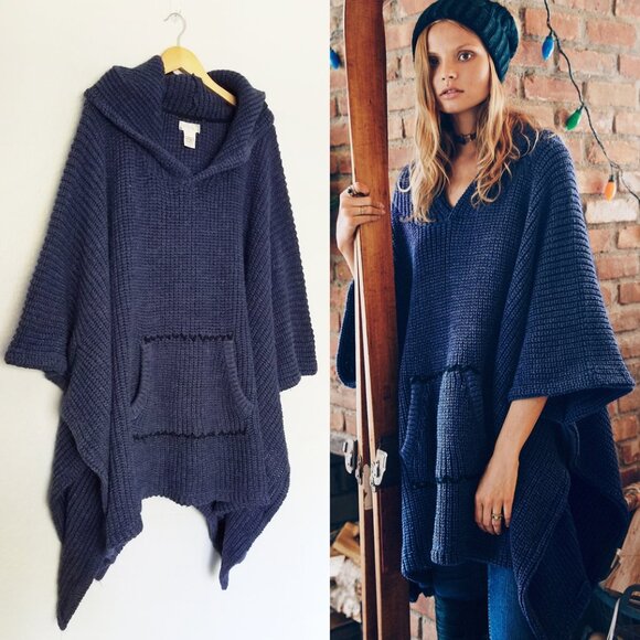 Free People Hooded Chunky Knit Oversized Poncho Ribbed Knit Pocket Navy Blue OS - Picture 1 of 16